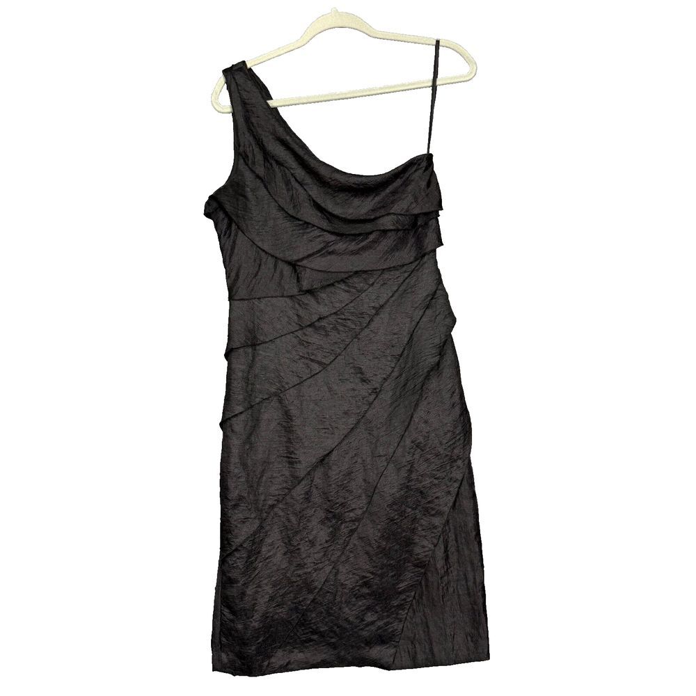 London Times Dress Womens 14 Black One Shoulder Rayon Tiered Cocktail Grunge